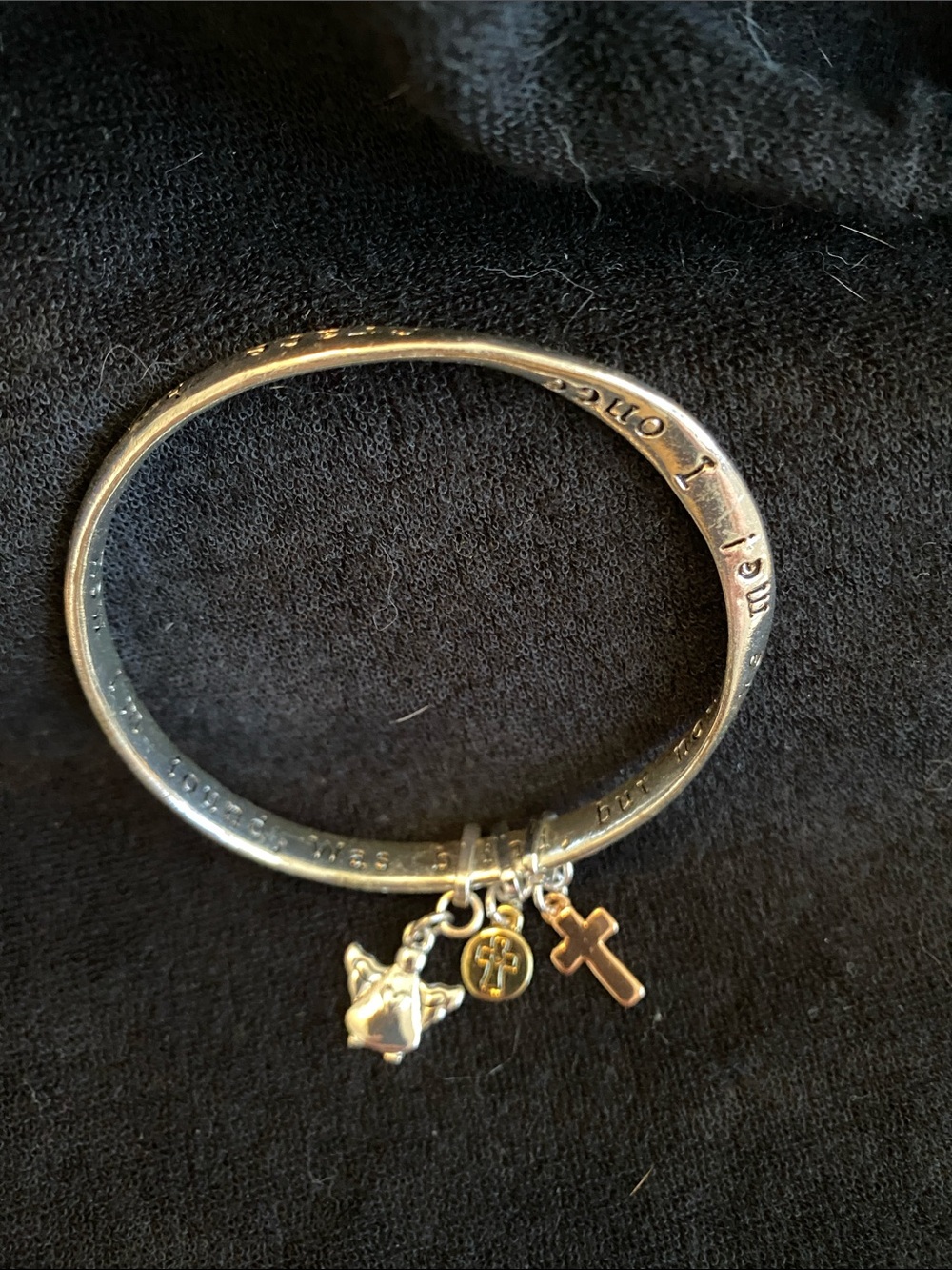 Silver tone Charm Bangle Bracelet with Cross and Angel Charms